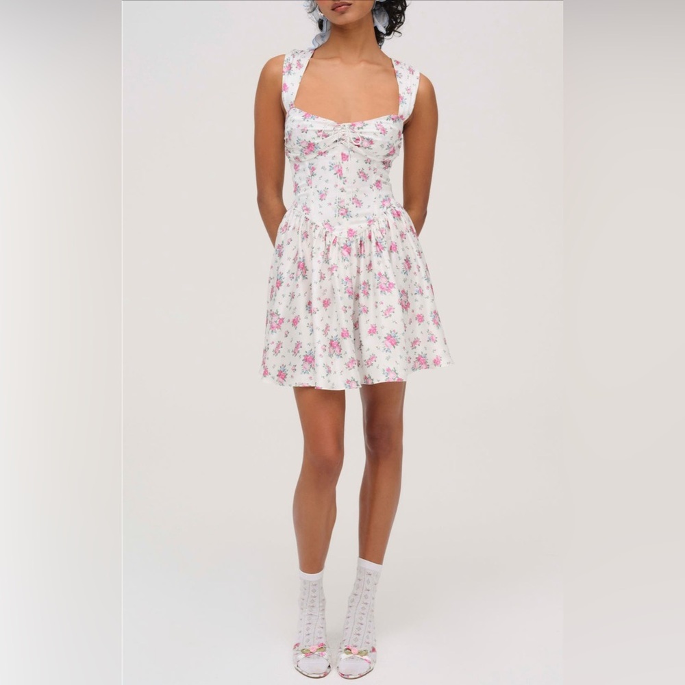 For Love & Lemons August Floral Mini Dress XL Sweetheart Open Back Boned NWT